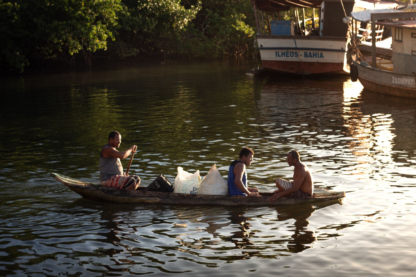 Canoa atravessando o mangue no fim de tarde